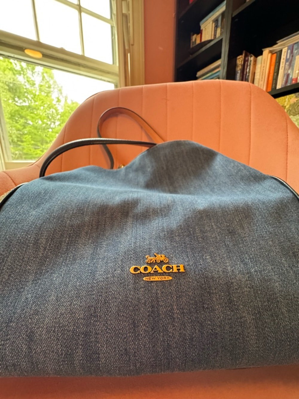 Coach Blue Denim Tote with Gold Logo and Navy and Tan Handles - Picture 5 of 10